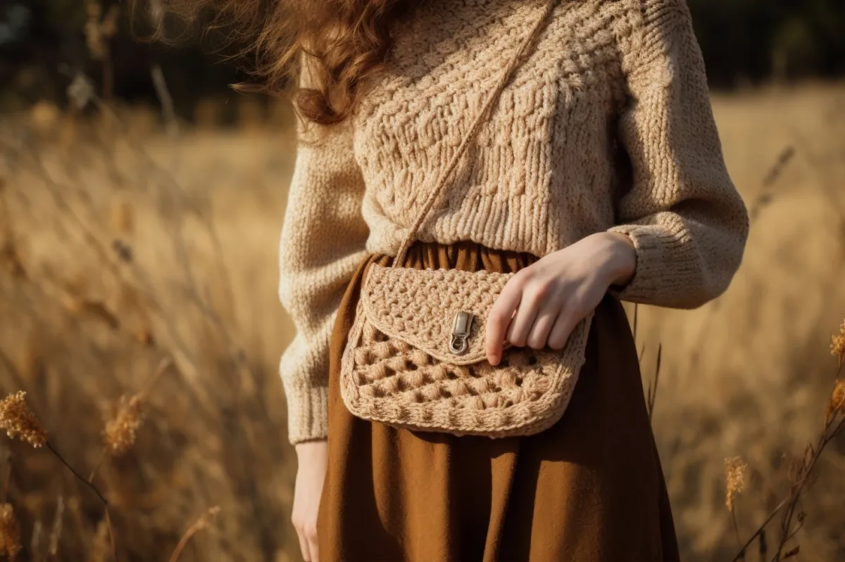 sac fibre naturelle pull beige jupe marron taille haute accessoire mode