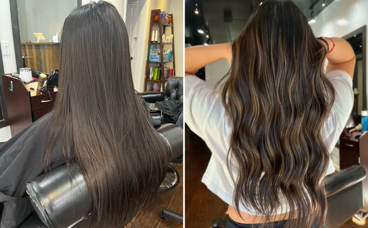 transformation capillaire salon longs cheveux fonces highlights candlelit brunette