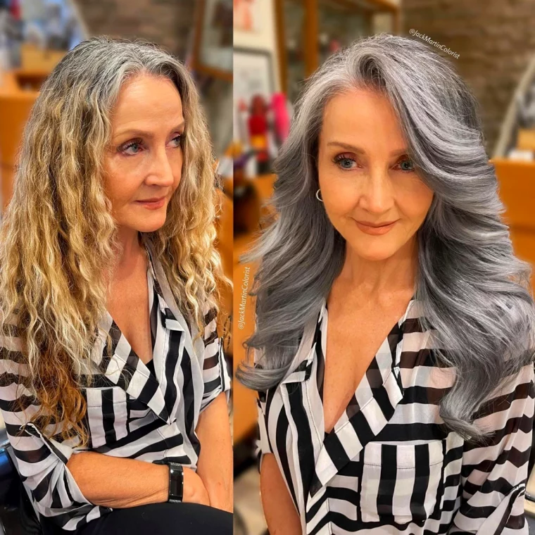 transformation relloking cheveux longs femme 60 ans