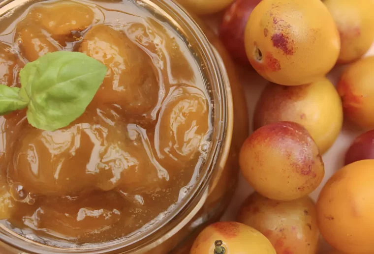 vue de dessus de la confiture de mirabelles et des mirabelles fraiches a cote du bocal