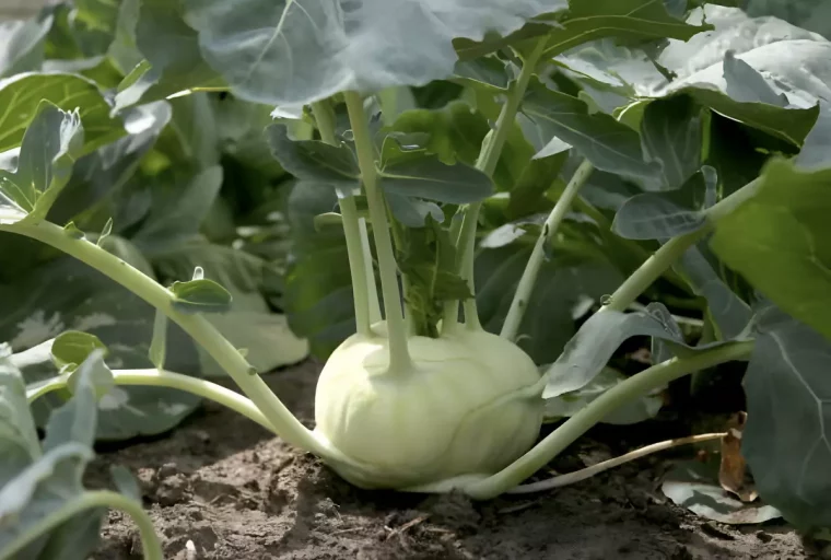 vue llaterale centrée sur un chou rave au potager