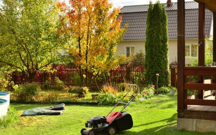 redonner vie à une pelouse pour retrouver une pelouse verte même à l'automne cour avec tondeuse