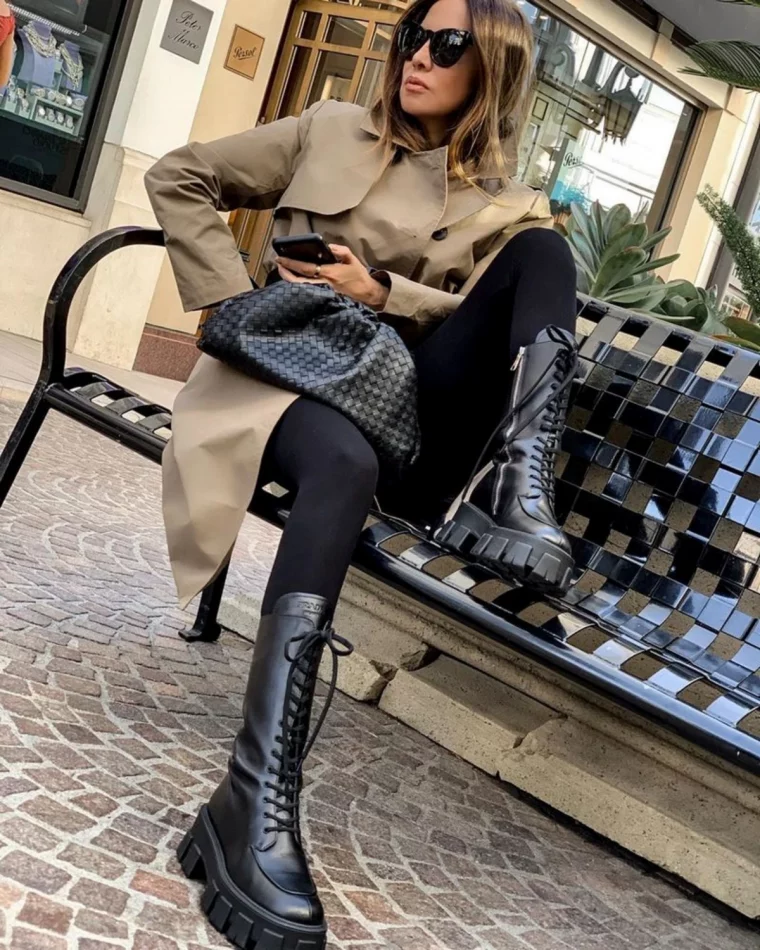 bottes a mi milet noires legging noir trench coat beige