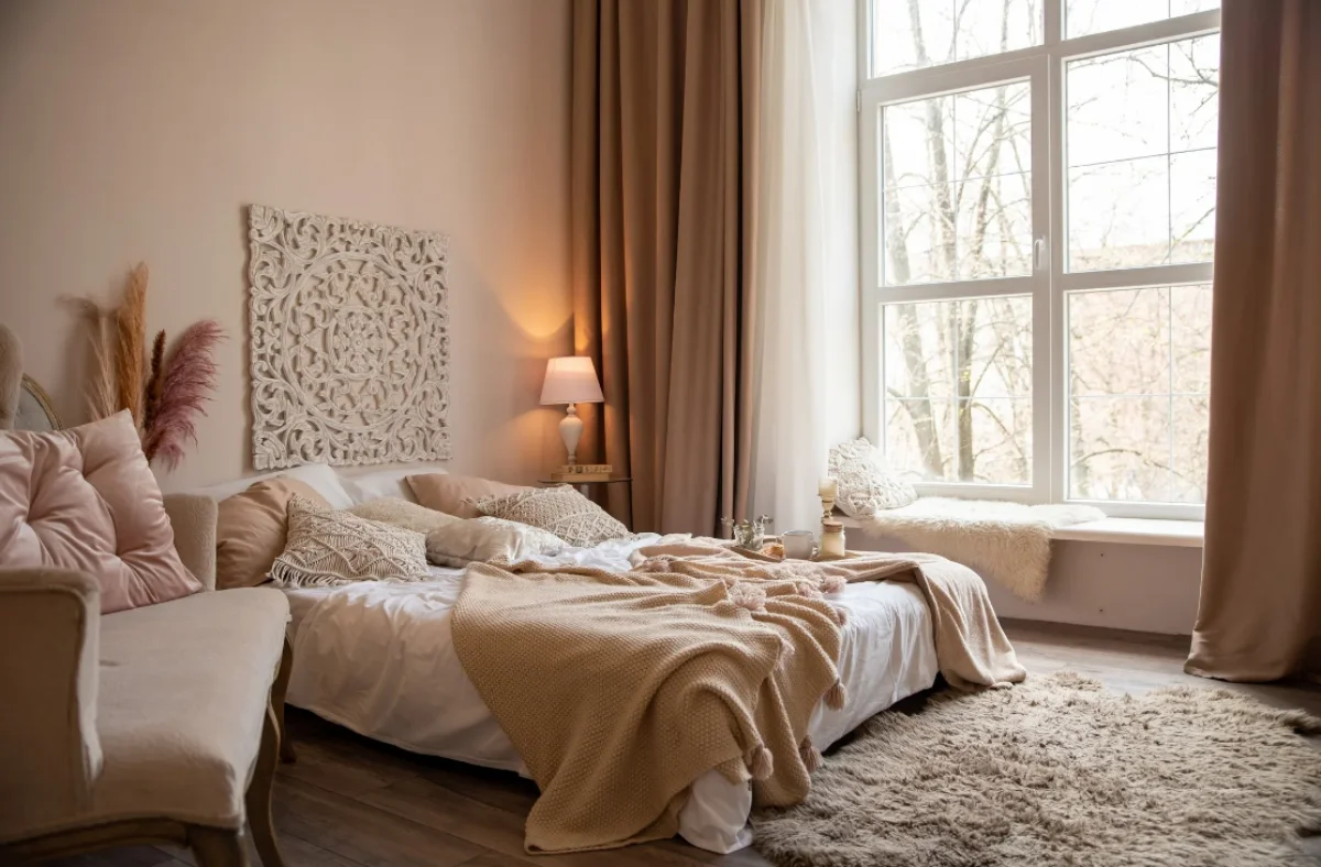 chambre en beige tapis blanc longs rideaux