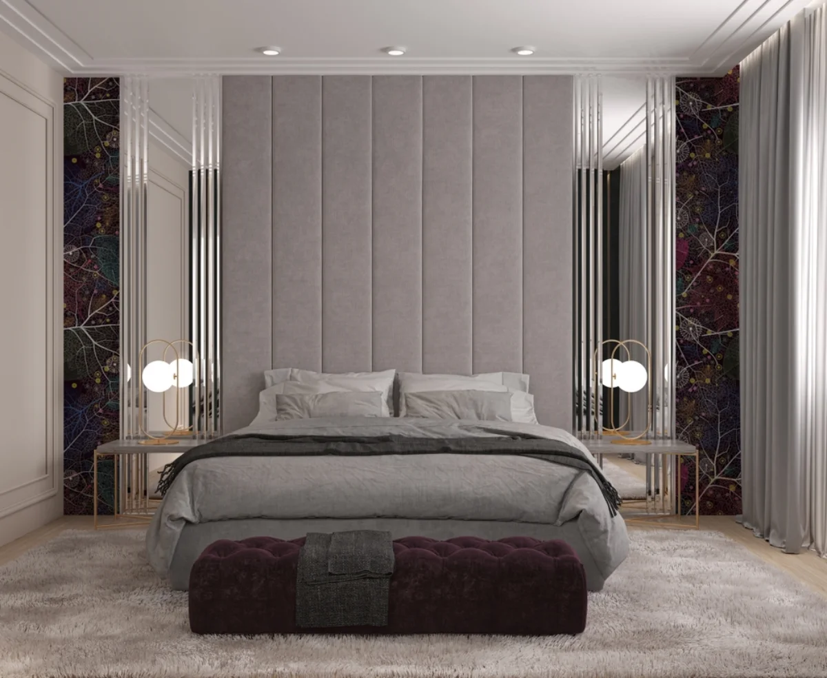 chambre moderne en gris tete de lit en hauteur