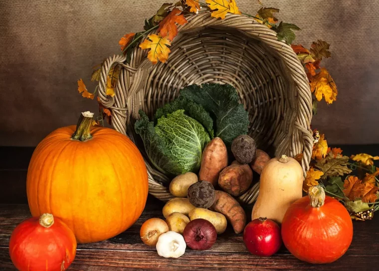 citrouille et potirons avec des legumes de saison devant un panier decore avec des feuilles mortes