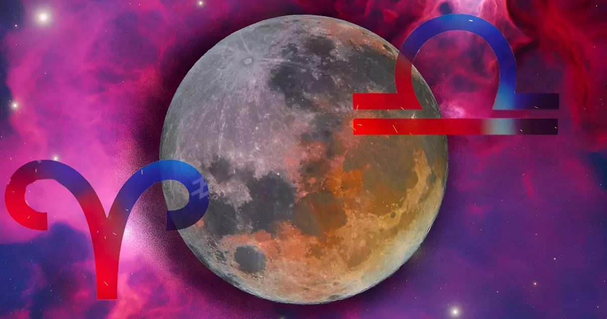 les symboles de la balance et du belier sur fond de la lune dans un environnement rose violet