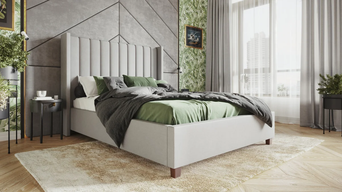 mur d accent en gris tete de lit en gris draps en vert