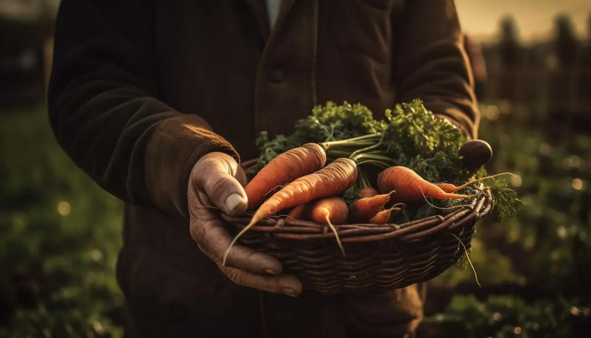 panier tresse mains homme coucher soleil potager legumes racines recoltez les carottes le soir