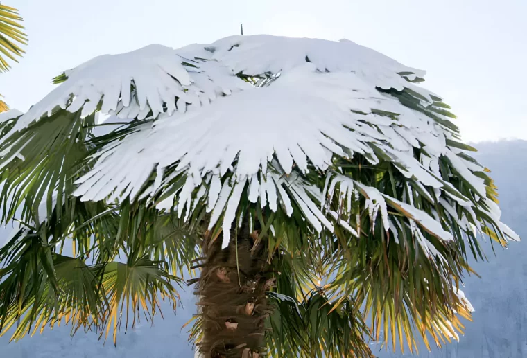 vue centree sur la couronne de palmier sous le poids de la neige