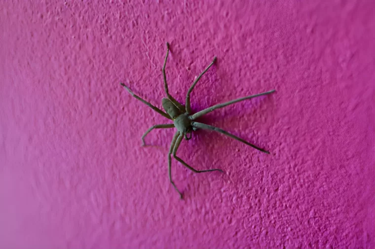 araignee noire sur un mur couleur fuchsia
