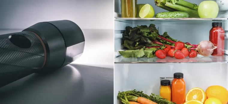 astuce mettre une lampe torche dans le frigo interieur fruits aliments bouteille jus