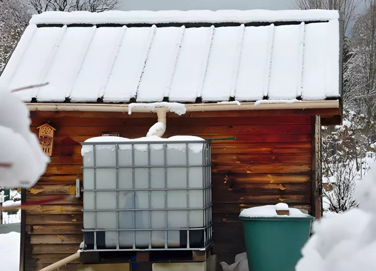 cuve blanche sous la neige branchee a la gouttiere de petite construction en bois