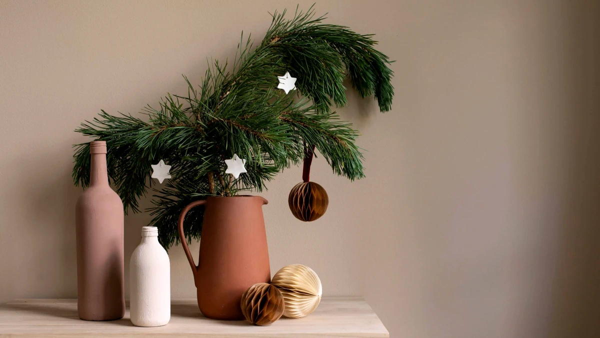 decoration minimaliste avec des branches de sapin vases marrons