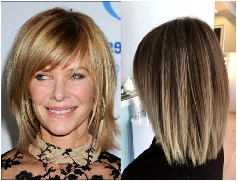 frange en biais femme 50 ans cheveux blonds