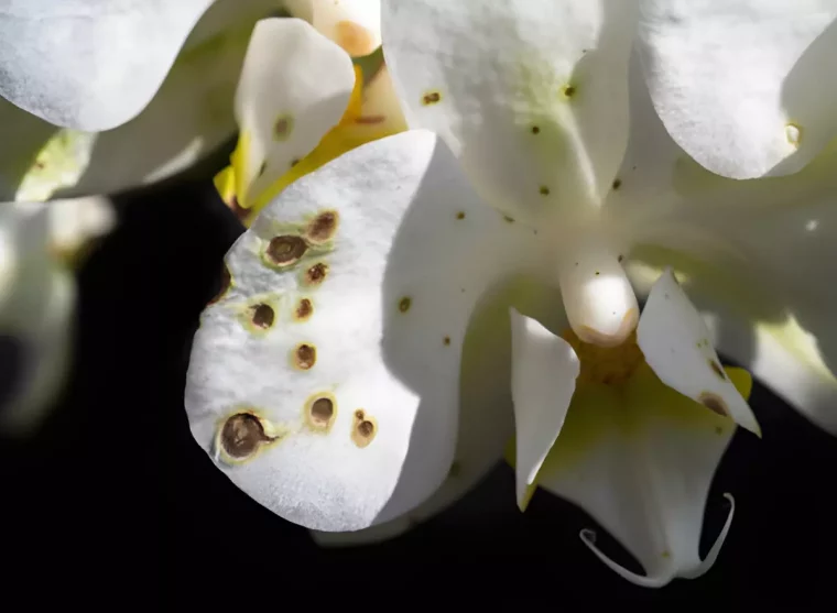 gros plan sur la fleure blanche d orchidee contaminee de champignons