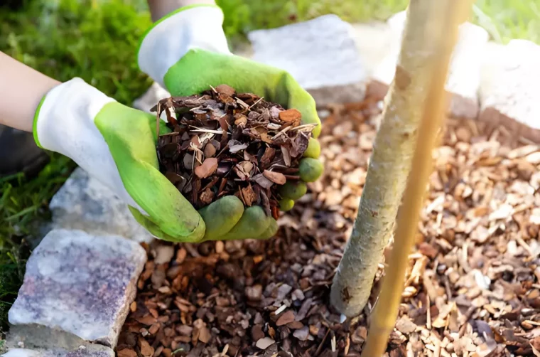 paillage organique dans les mains gantees au pied d un arbre au tronc tres fin