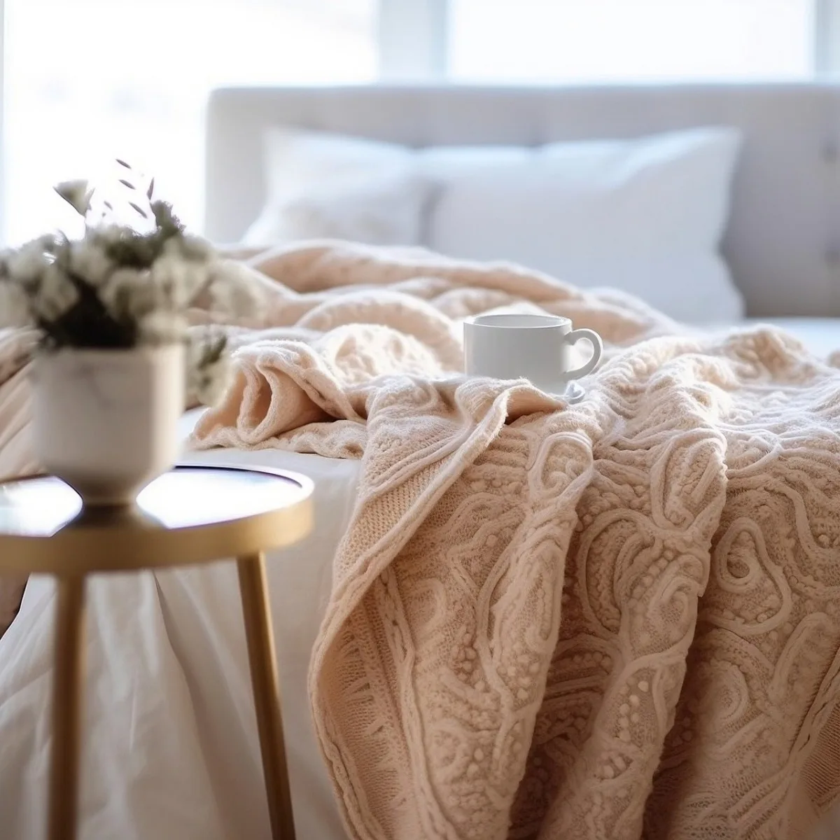 plaid beige sur le lit et petite table basse avec un vase de fleurs