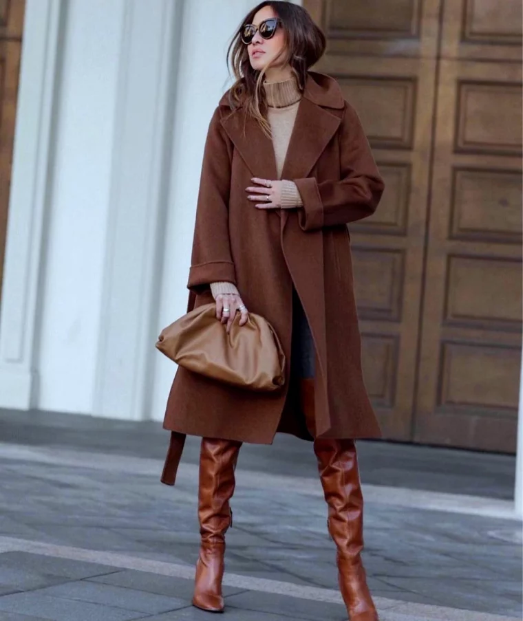 quel est le bon manteau pour ma silhouette bottes et sac marron