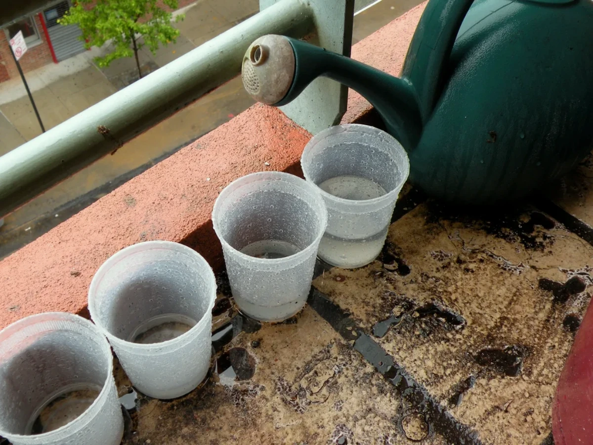 stockage eau de pluie sur le balcon pot en plastique