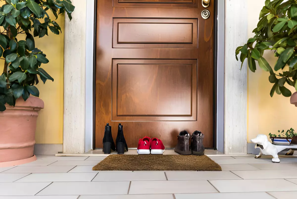 trois paires de chaussures devant une porte avec deux plantes en pot de chaque cote et un petit tapis devant sur un sol carrele