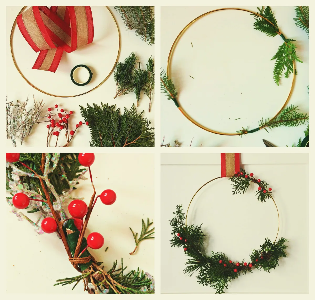 tuto couronne de noel fait maison dans un cerceau en métal doré et branches de pin tuto couronne de noel fait maison dans un cerceau en métal doré et branches de pin
