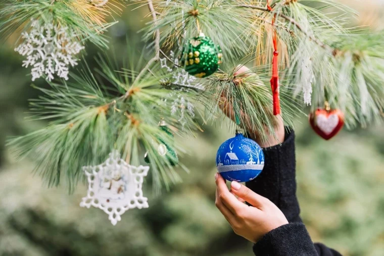 arbre naturel boule de noel a peindre paysage hiver bleu et blanc main femme