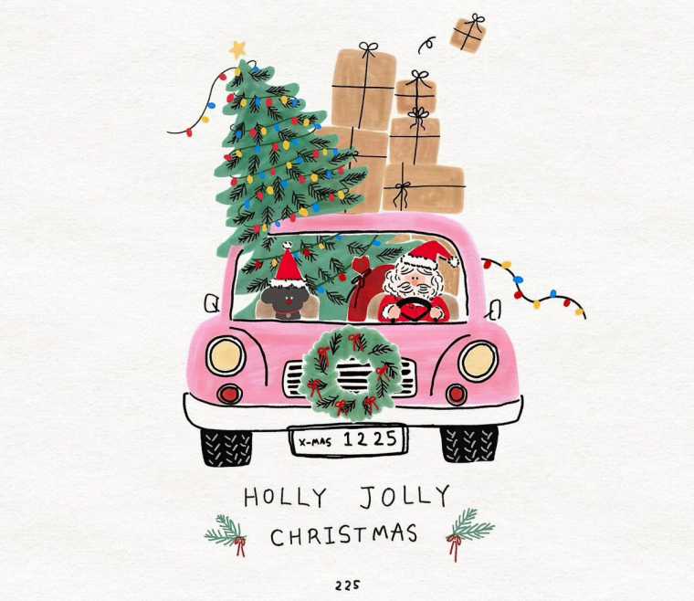 art noel illustration pere noel vehicule rose chien arbre decore cadeaux