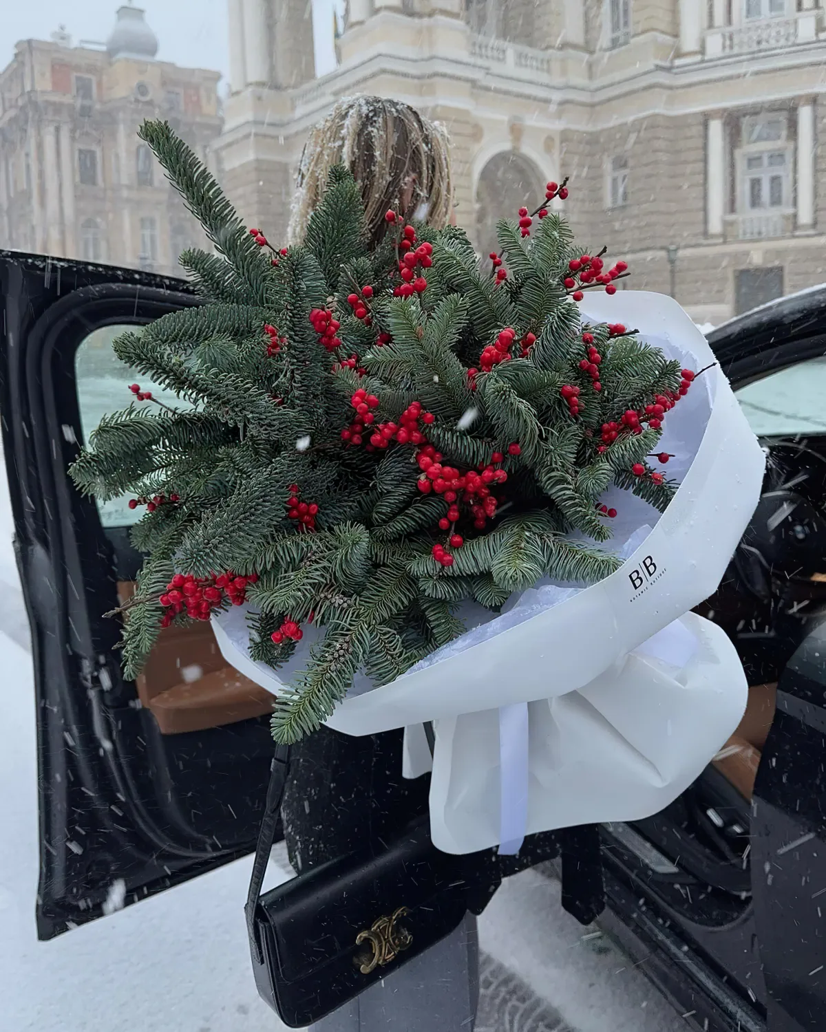 bouquet branches conifere houx rouge femme blonde voiture batiment neige