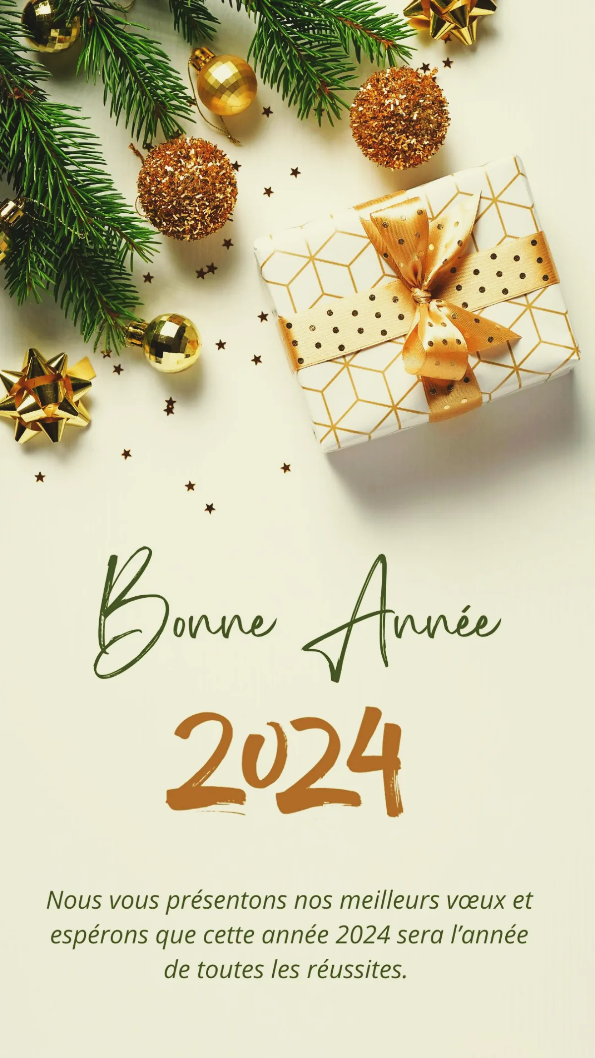 carte bonne année 2024 message sur fond blanc decorations de noel branches de pin et cadeaux