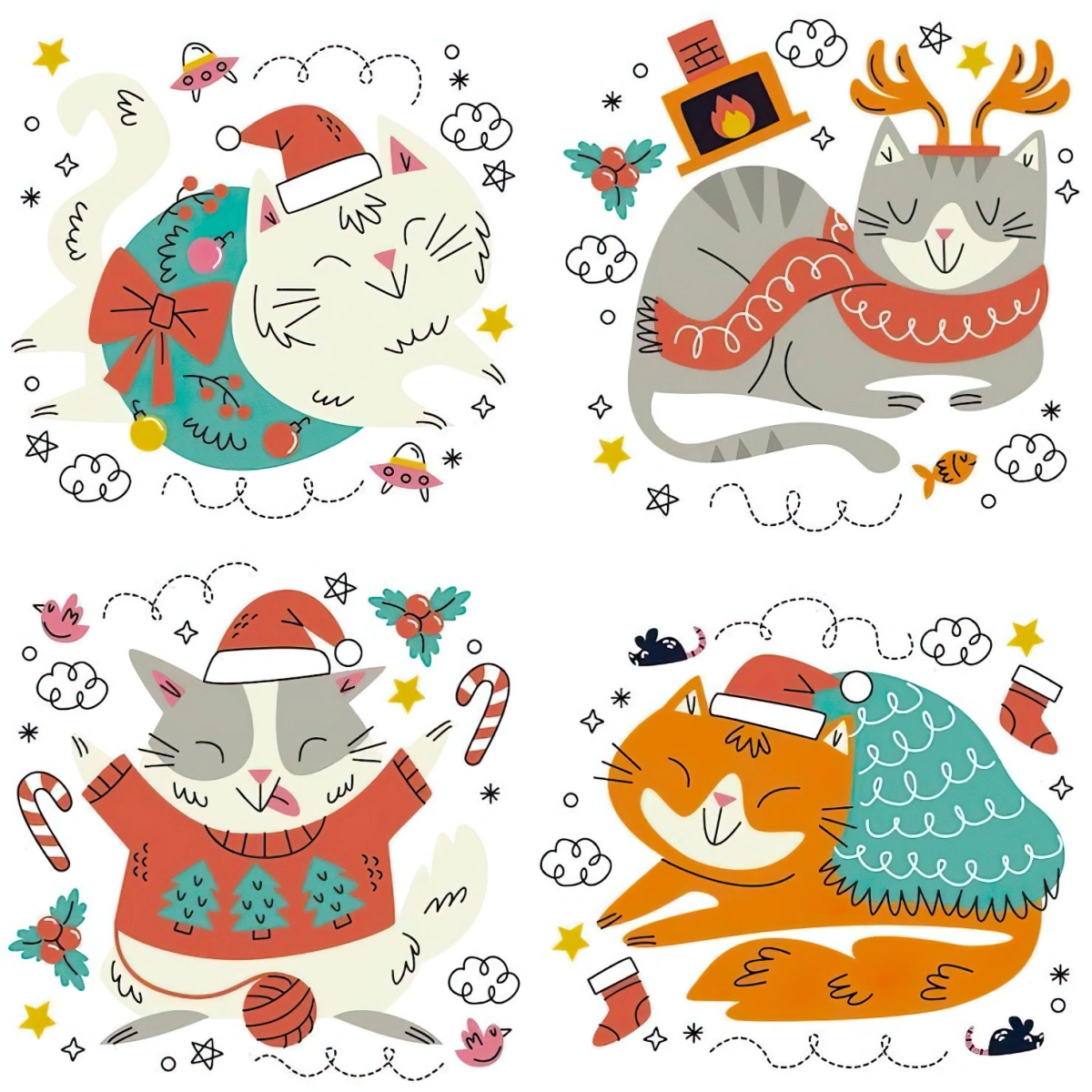 chats illustrations en couleurs noel ornements jouets stickers a imprimer