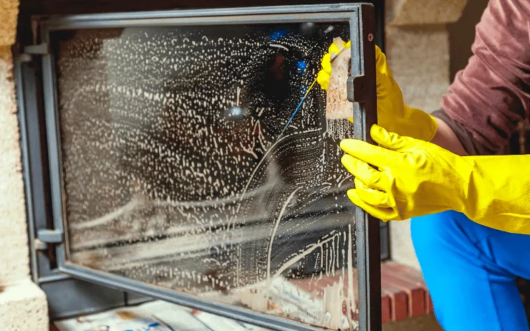 comment entretenir une vitre de cheminee femme gants jaune nettoyage