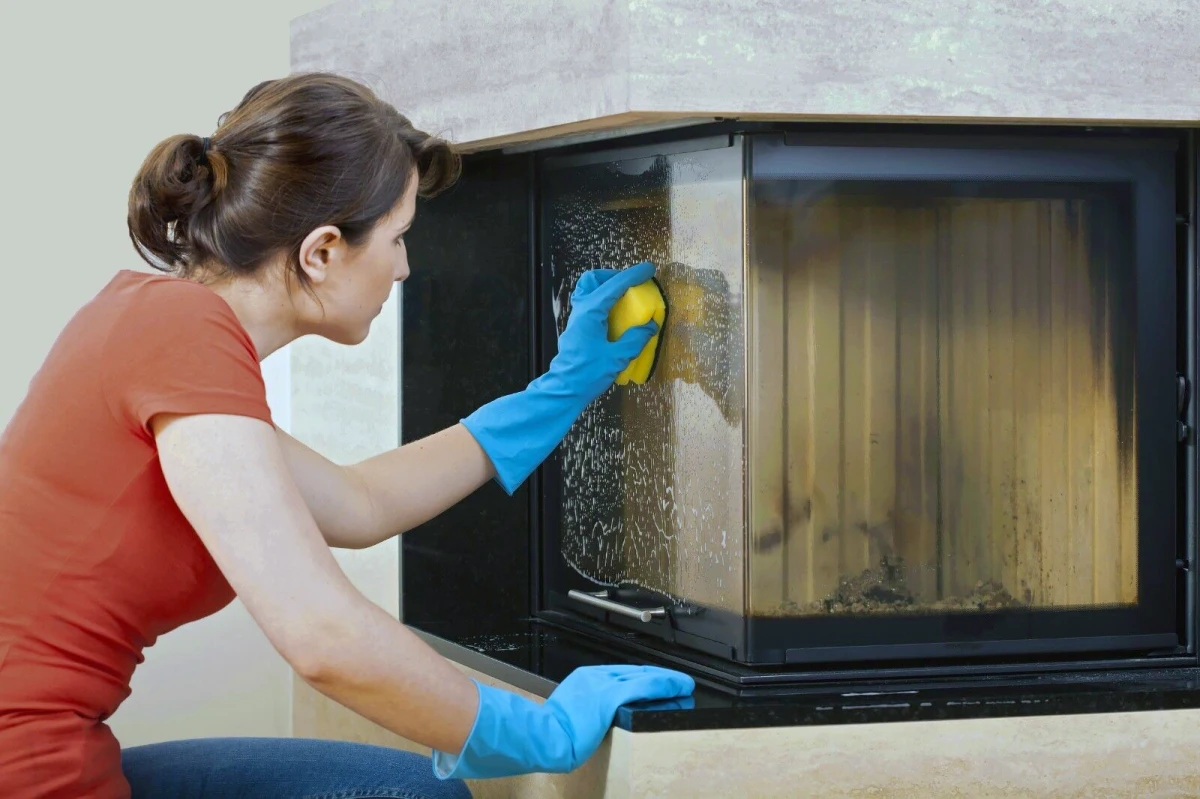 comment nettoyer une vitre de cheminee noircie femme gants bleue