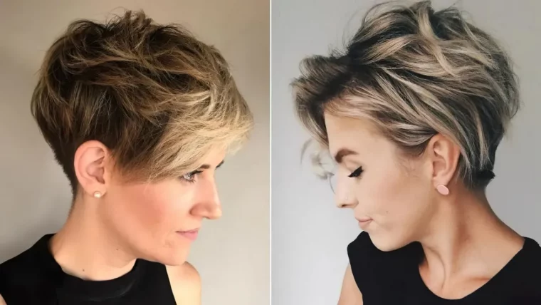 coupe pixie avec meches blonds et frange sur le cote