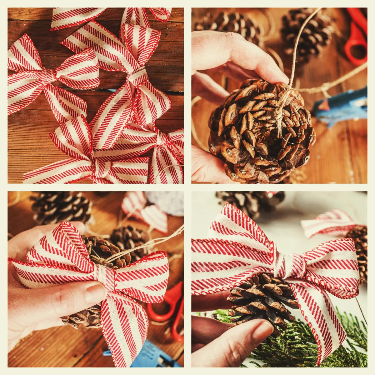 deco noel a faire soi meme zéro déchet avec pomme de pin et ruban rouge et blanc