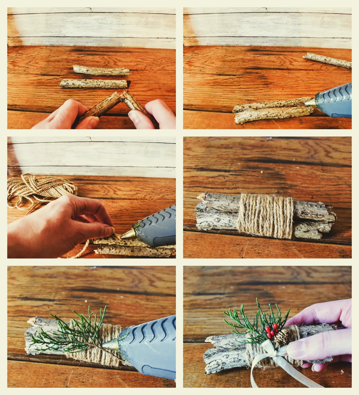 deco ornement de branches nouées d une ficelle branches de pin et baies bricolage de noel