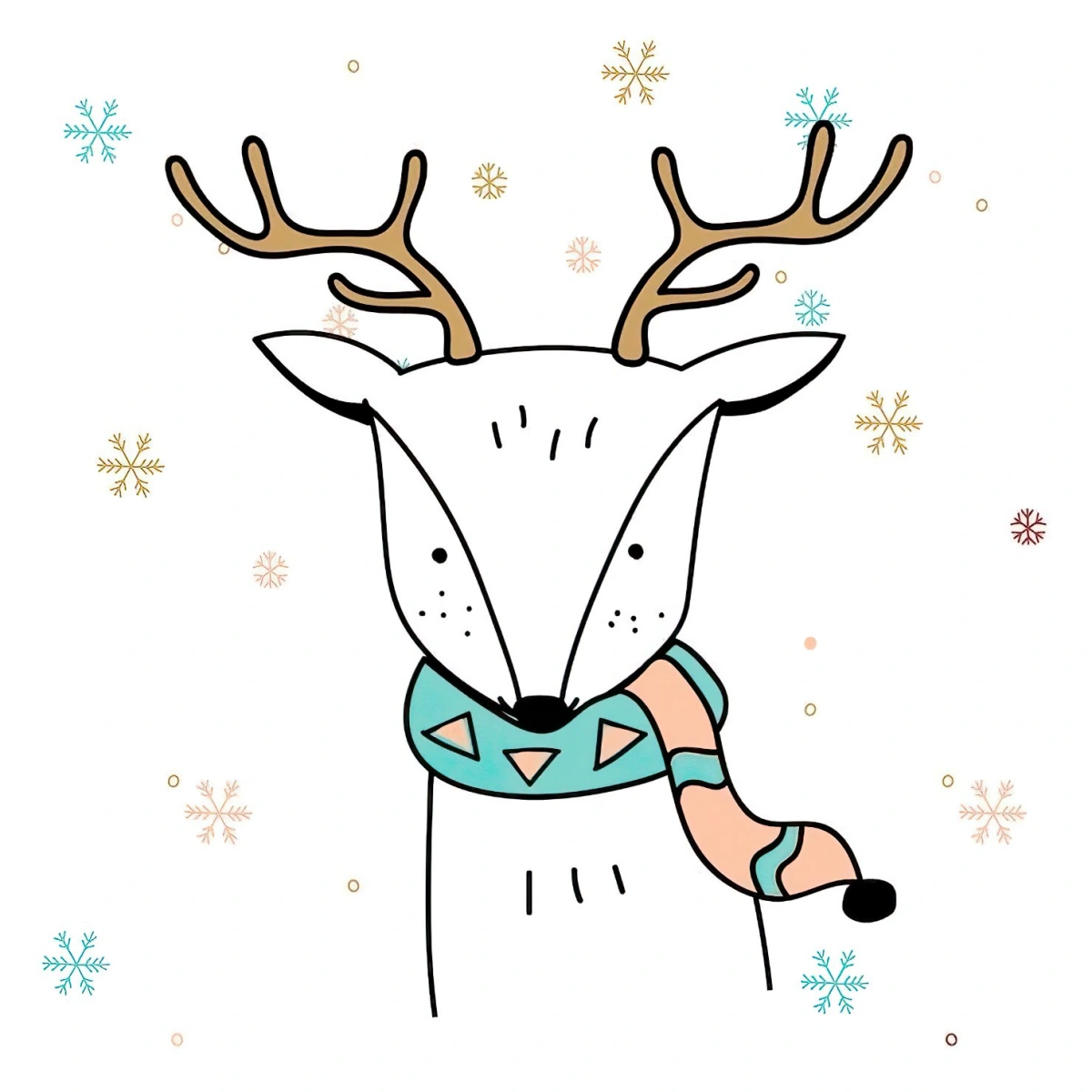 dessin renne facile en couleurs cornes echarpe flocons de neige