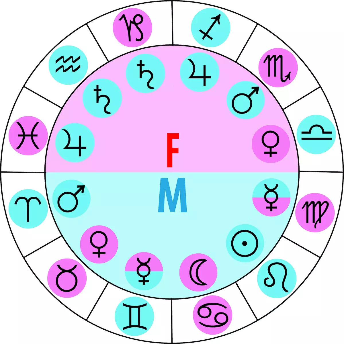 disque des signes du zodiaque avec les maitrises planetaires en rose et bleu sur fond blanc