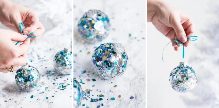 diy ornement sapin boule transparente paillettes couleur vert turquoise