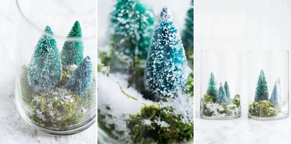 diy terrarium sapins figurine fausse neige mousse verte deco de noel dans grand vase transparent