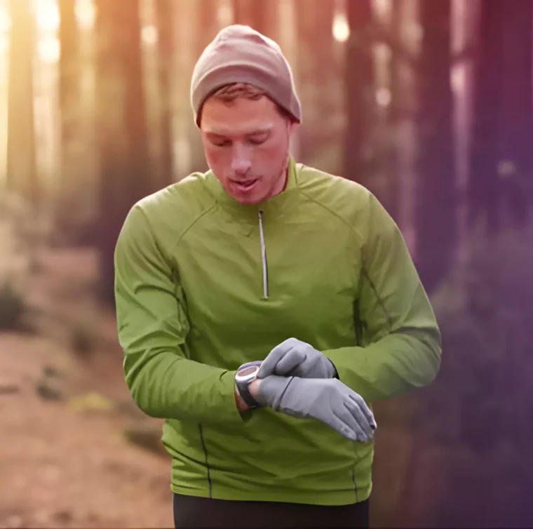 homme de face dans la foret habille en vert regarde sa montre au bras droit