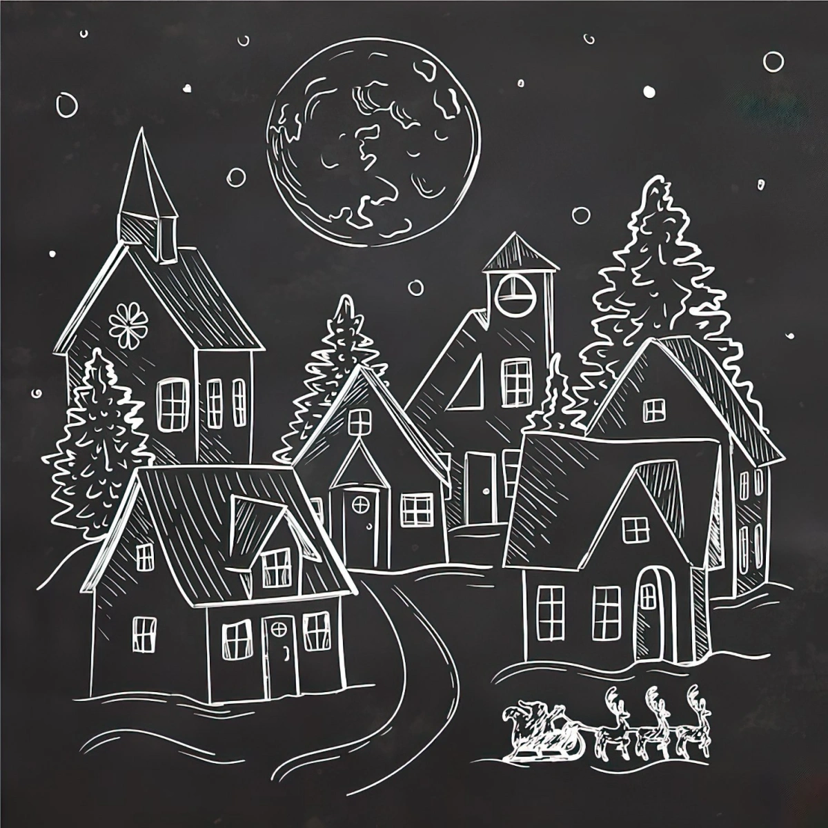 peinture ardoise dessins village noel maison pleine lune etoiles ciel nocturne
