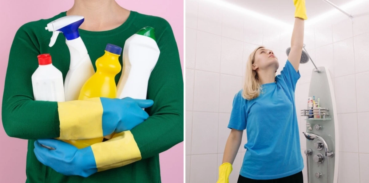 produits nettoyants gants protection blouse verte femme rangement douche carrelage