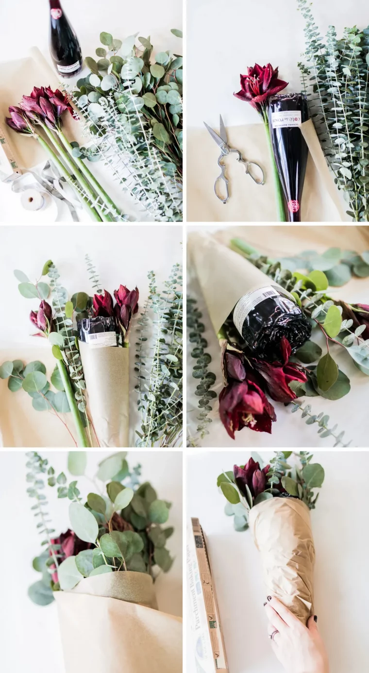 tutoriel bouquet branches vertes fleurs rouges amaryliss bouteille vin rouge