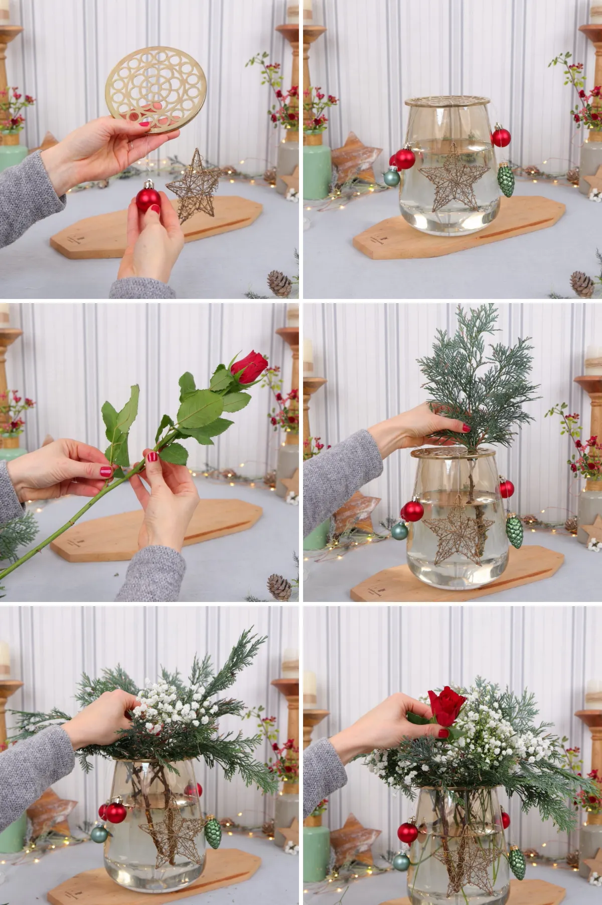 tutoriel composition florale noel a faire soi meme roses rouges branches sapin vase verre