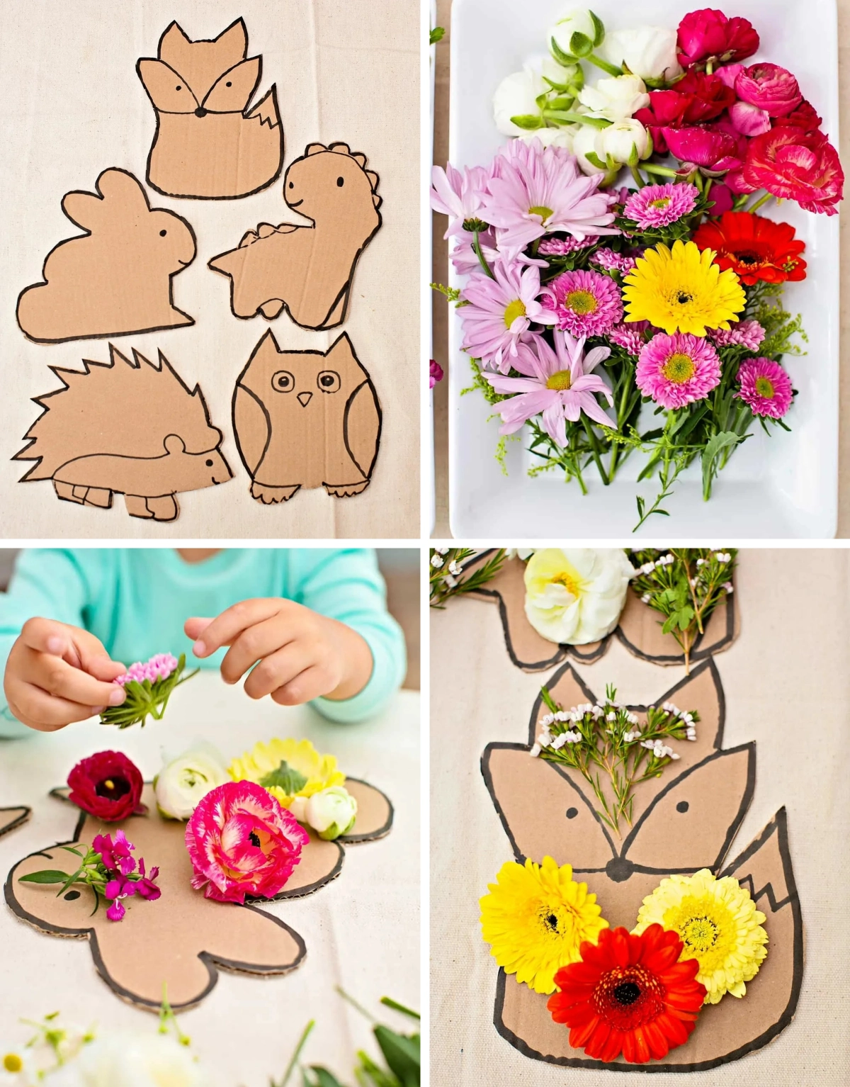 activite manuelle avec du carton figurine animaux decoration fleurs colle