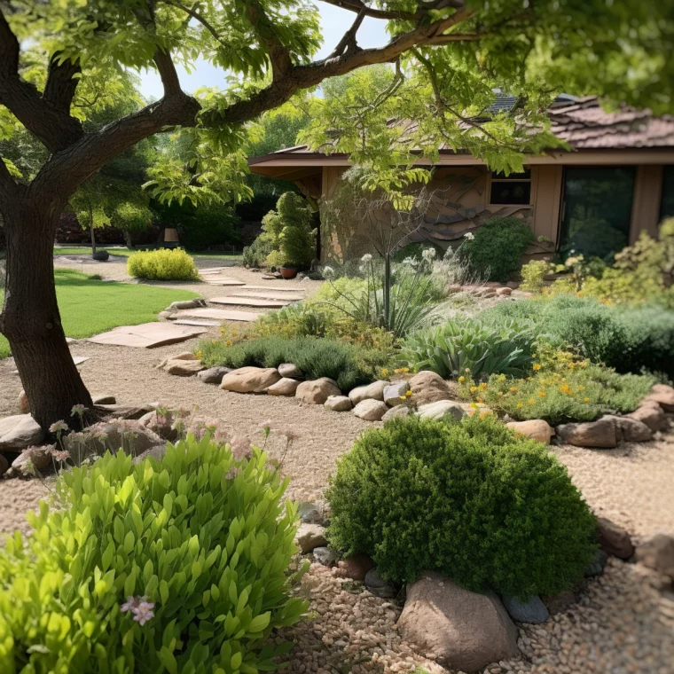 allee dalles paves bordure de jardin en pierre gravier plantes vertes