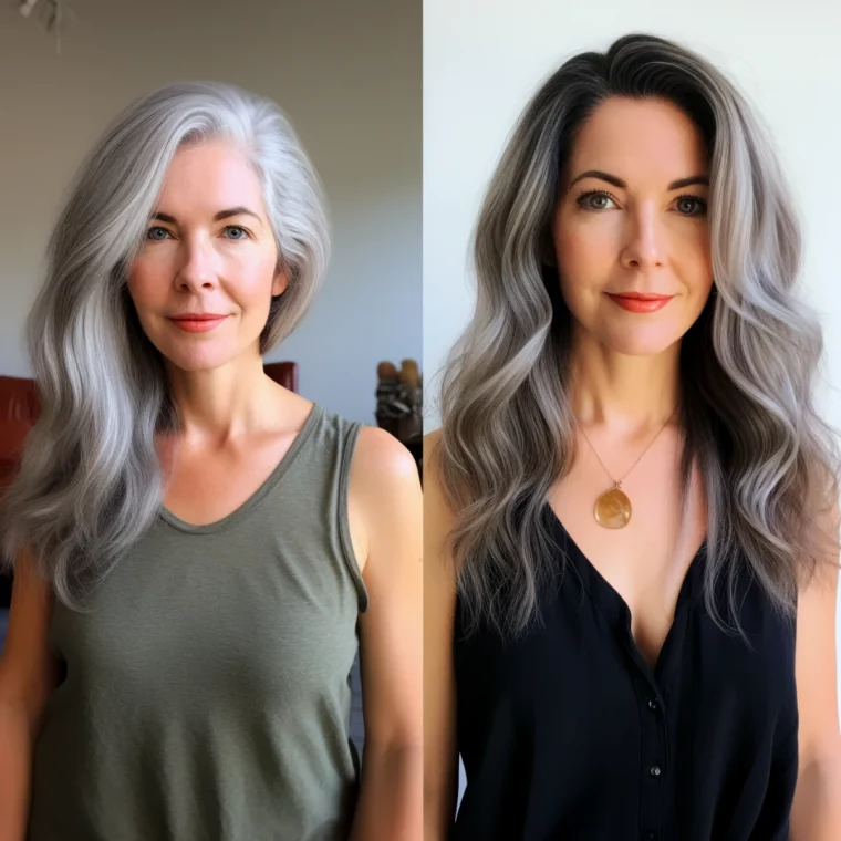 balayage renverse cheveux gris avant et apres femme