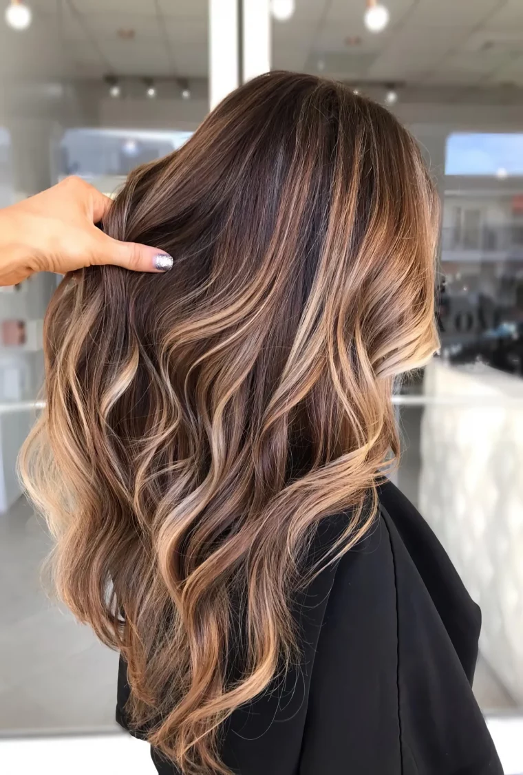 balayage sur cheveux longs bruns meches miel