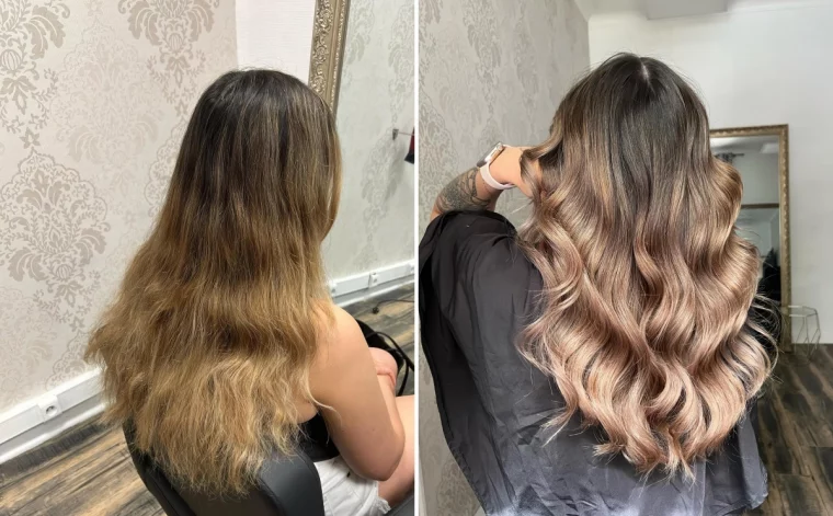 blond cacao avant apres cheveux longs reflets rose gold racines foncees